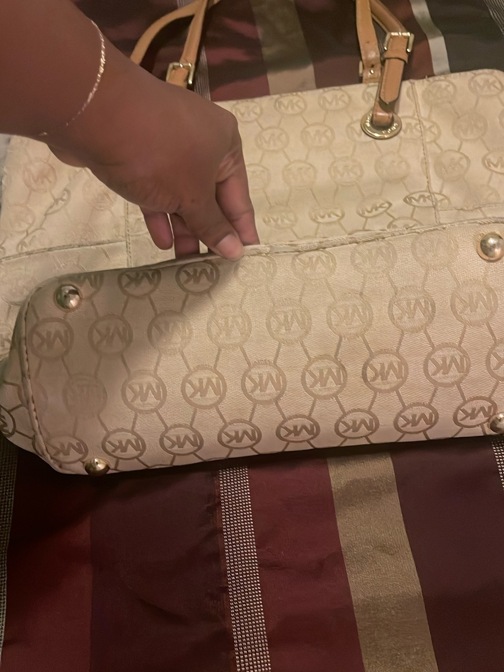 Michael Kors Tan and Beige Logo Tote with MK Charm - Picture 5 of 9